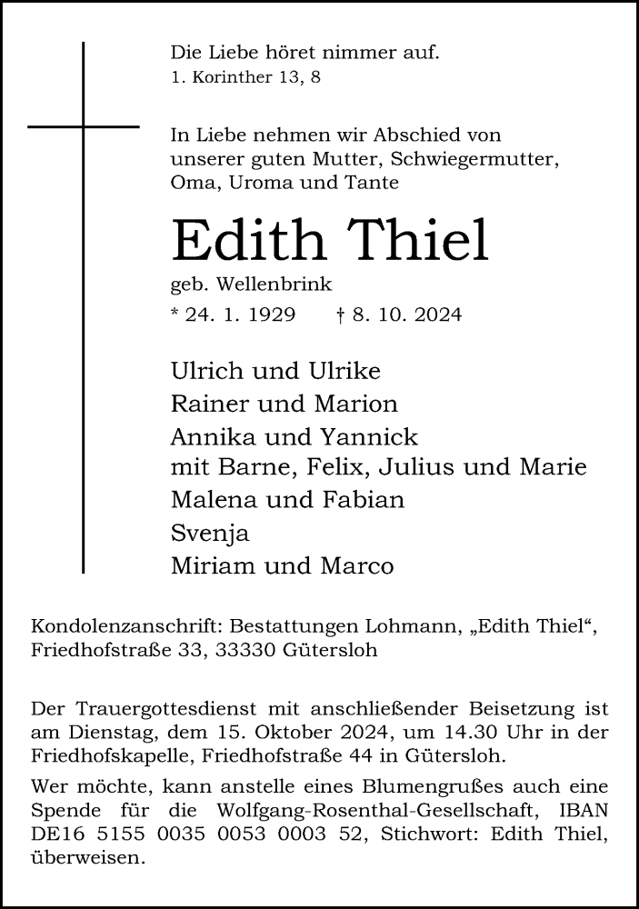  Traueranzeige für Edith Thiel vom 11.10.2024 aus Neue Westfälische