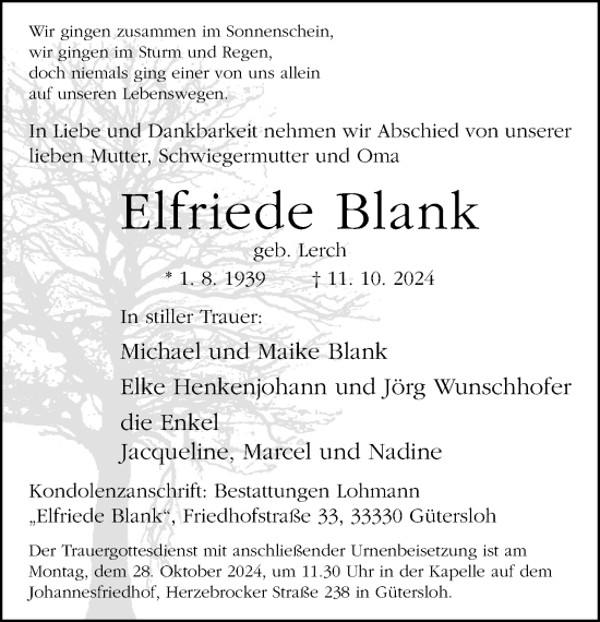 Traueranzeige von Elfriede Blank von Neue Westfälische