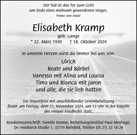 Traueranzeige von Elisabeth Kramp von Neue Westfälische