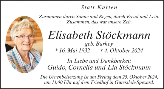 Traueranzeige von Elisabeth Stöckmann von Neue Westfälische