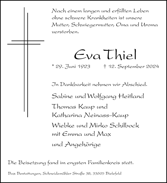 Traueranzeige von Eva Thiel von Neue Westfälische