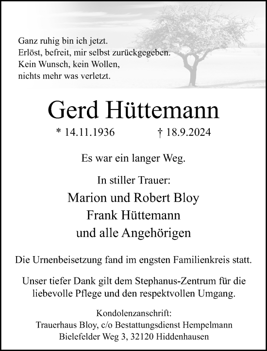 Traueranzeige von Gerd Hüttemann von Neue Westfälische