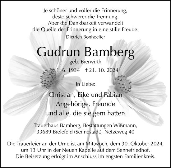 Traueranzeige von Gudrun Bamberg von Neue Westfälische