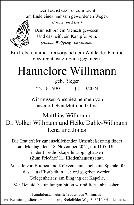 Traueranzeige von Hannelore Willmann von Neue Westfälische