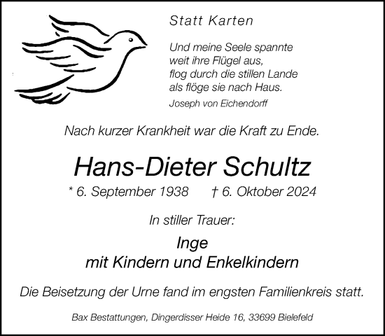 Traueranzeige von Hans-Dieter Schultz von Neue Westfälische