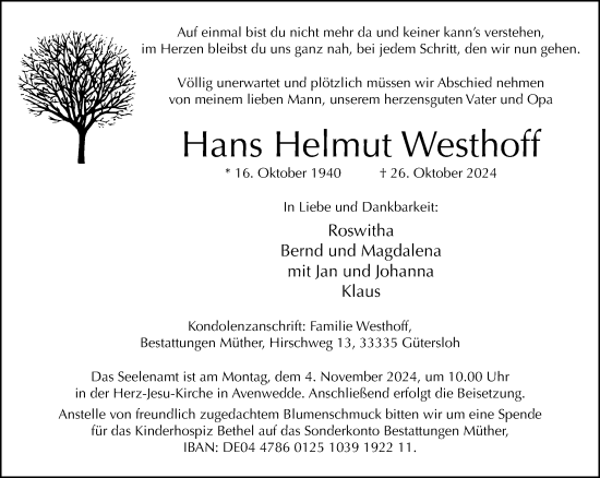 Traueranzeige von Hans Helmut Westhoff von Neue Westfälische