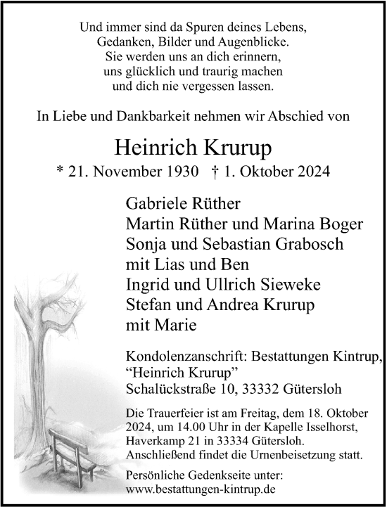 Traueranzeige von Heinrich Krurup von Neue Westfälische