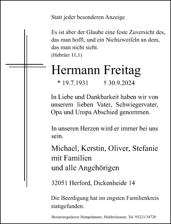 Traueranzeige von Hermann Freitag von Neue Westfälische