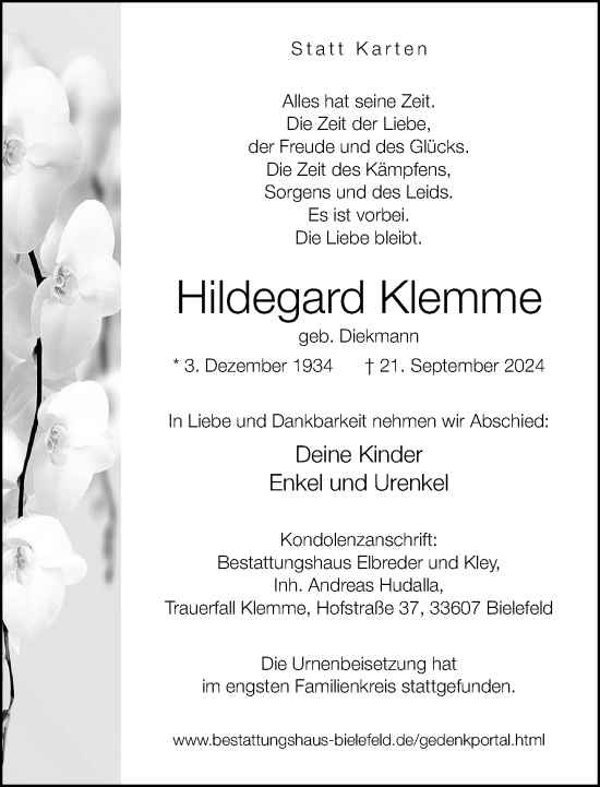 Traueranzeige von Hildegard Klemme von Neue Westfälische