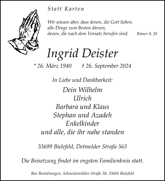 Traueranzeige von Ingrid Deister von Neue Westfälische