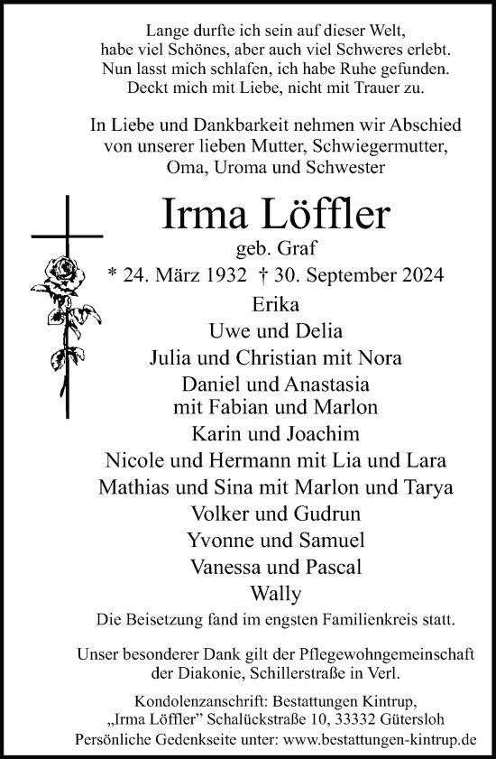 Traueranzeige von Irma Löffler von Neue Westfälische