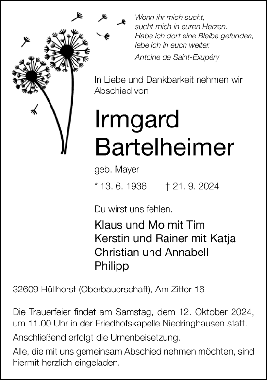 Traueranzeige von Irmgard Bartelheimer von Neue Westfälische