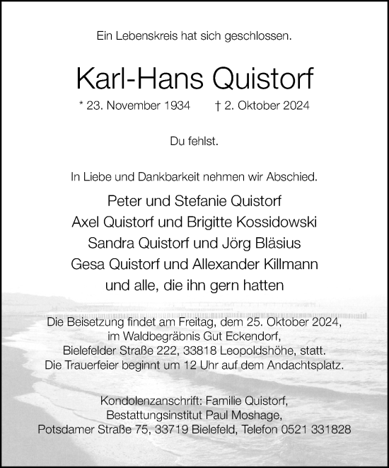 Traueranzeige von Karl-Hans Quistorf von Neue Westfälische