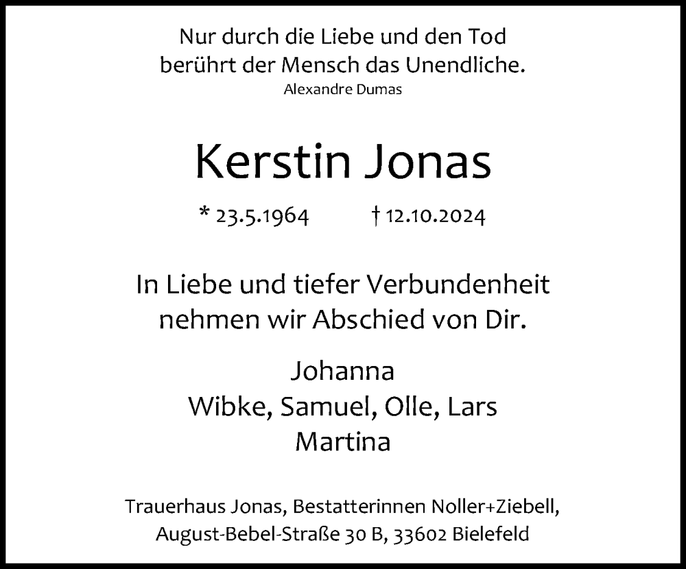  Traueranzeige für Kerstin Jonas vom 19.10.2024 aus Neue Westfälische