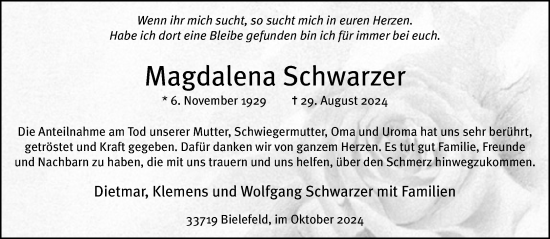 Traueranzeige von Magdalena Schwarzer von Neue Westfälische