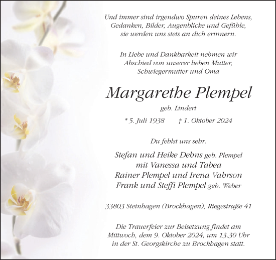 Traueranzeige von Margarethe Plempel von Neue Westfälische