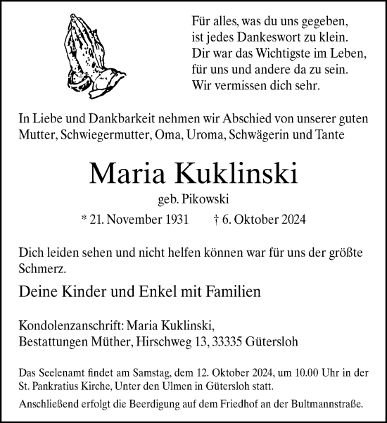 Traueranzeige von Maria Kuklinski von Neue Westfälische