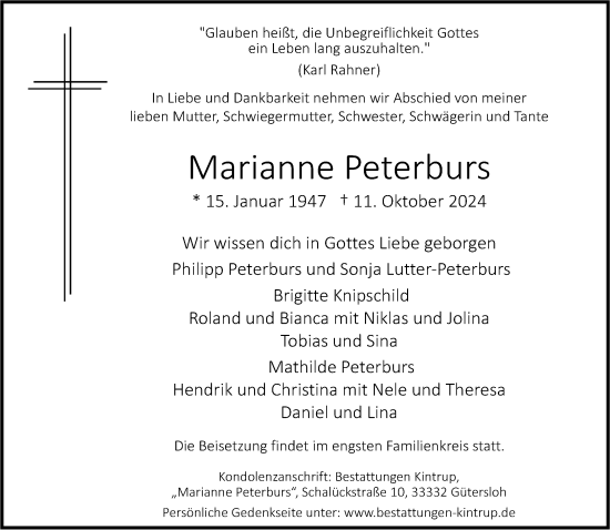 Traueranzeige von Marianne Peterburs von Neue Westfälische