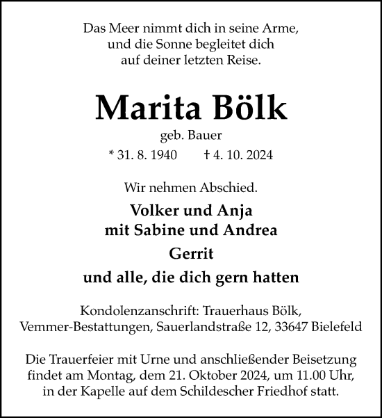 Traueranzeige von Marita Bölk von Neue Westfälische