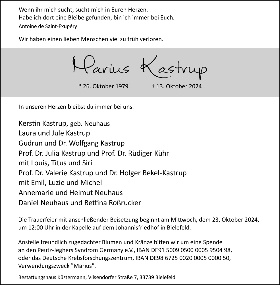  Traueranzeige für Marius Kastrup vom 19.10.2024 aus Neue Westfälische