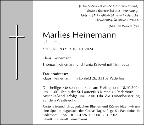 Traueranzeige von Marlies Heinemann von Neue Westfälische