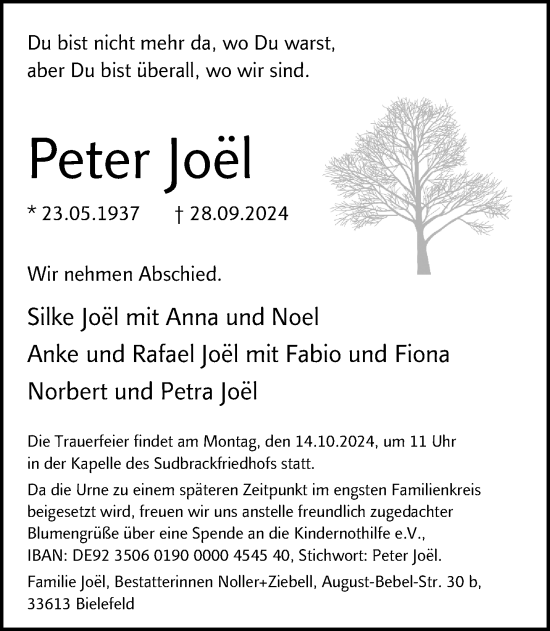 Traueranzeige von Peter Joel von Neue Westfälische