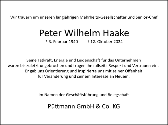 Traueranzeige von Peter Wilhelm Haake von Neue Westfälische