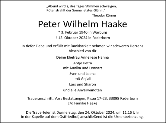 Traueranzeige von Peter Wilhelm Haake von Neue Westfälische