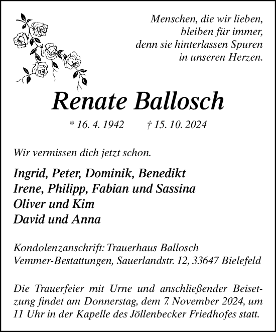 Traueranzeige von Renate Ballosch von Neue Westfälische