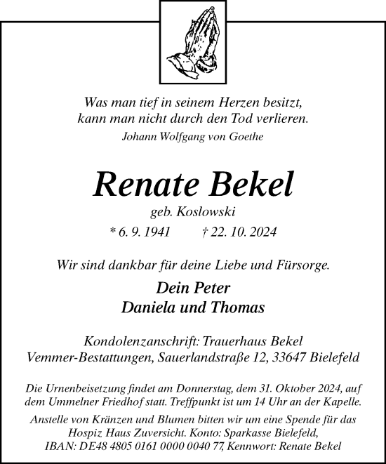 Traueranzeige von Renate Bekel von Neue Westfälische