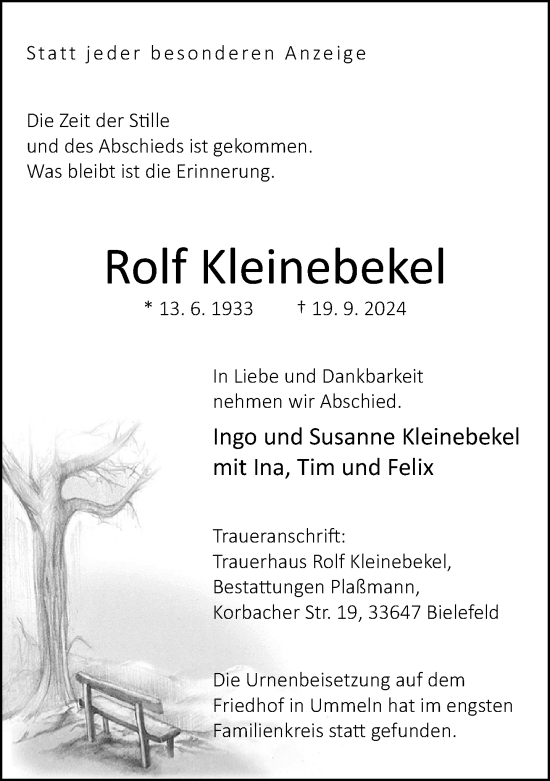 Traueranzeige von Rolf Kleinebekel von Neue Westfälische