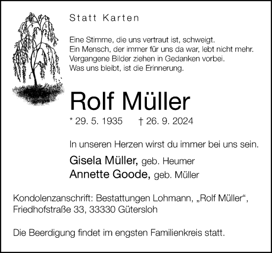 Traueranzeige von Rolf Müller von Neue Westfälische