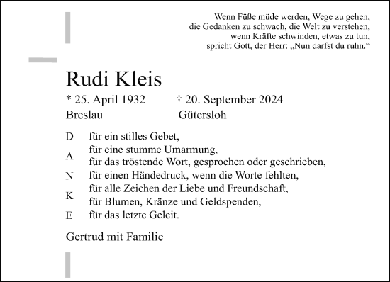 Traueranzeige von Rudi Kleis von Neue Westfälische