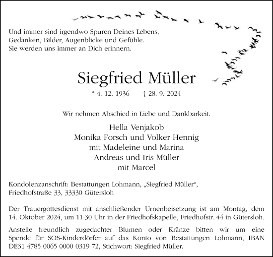 Traueranzeige von Siegfried Müller von Neue Westfälische