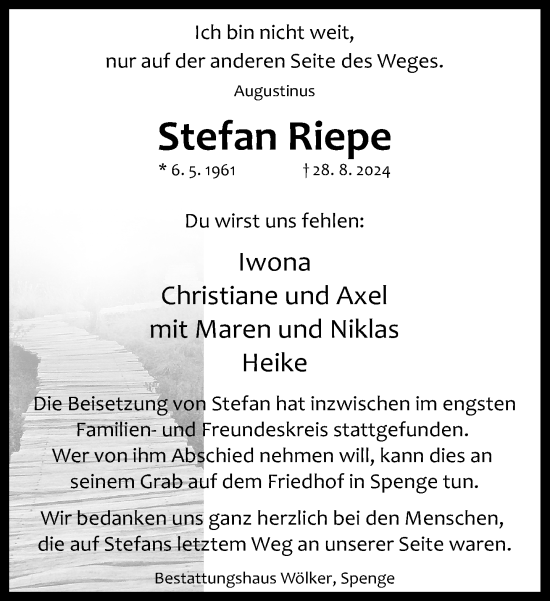 Traueranzeige von Stefan Riepe von Neue Westfälische