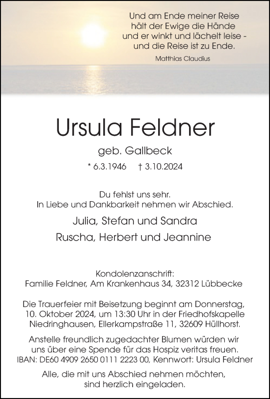 Traueranzeige von Ursula Feldner von Neue Westfälische