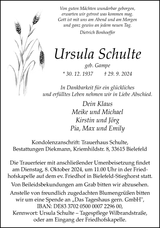 Traueranzeige von Ursula Schulte von Neue Westfälische