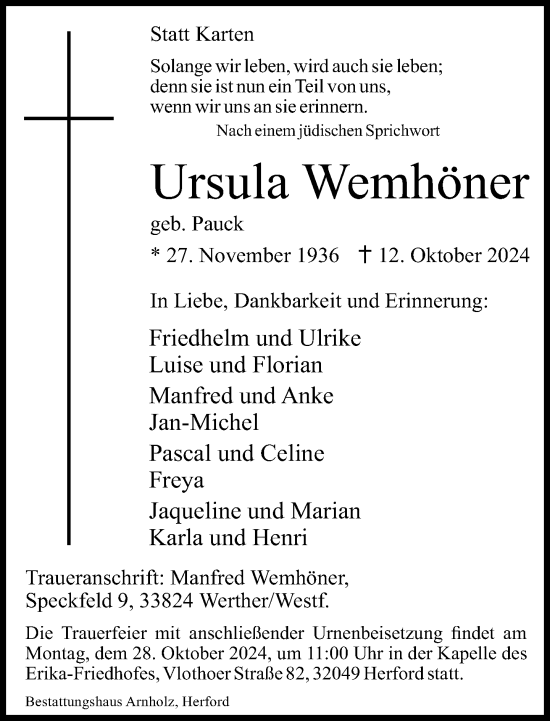 Traueranzeige von Ursula Wemhöner von Neue Westfälische