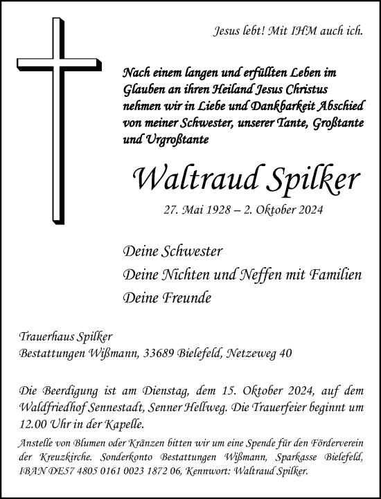 Traueranzeige von Waltraud Spilker von Neue Westfälische
