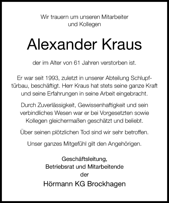 Traueranzeige von Alexander Kraus von Neue Westfälische