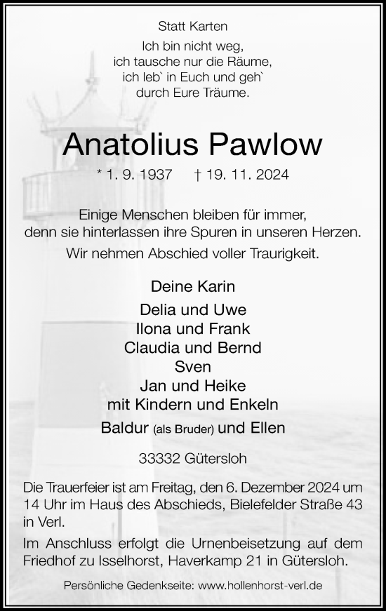 Traueranzeige von Anatolius Pawlow von Neue Westfälische