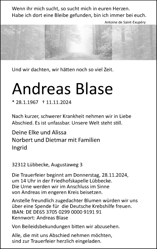 Traueranzeige von Andreas Blase von Neue Westfälische