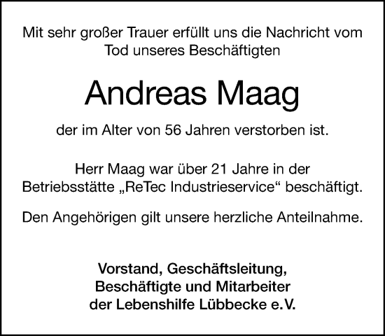 Traueranzeige von Andreas Maag von Neue Westfälische