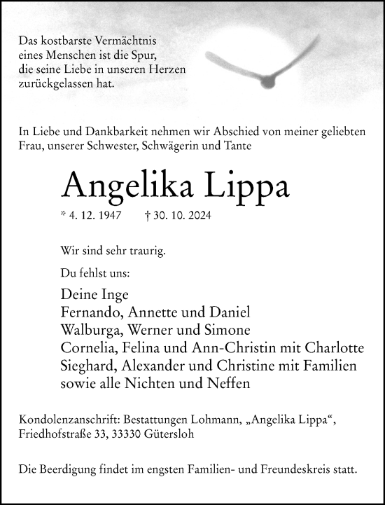 Traueranzeige von Angelika Lippa von Neue Westfälische