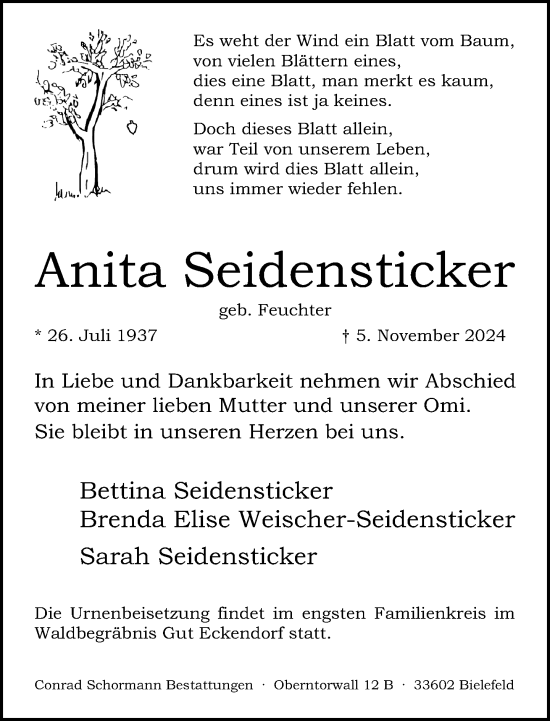 Traueranzeige von Anita Seidensticker von Neue Westfälische