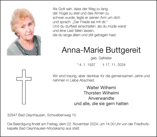 Traueranzeige von Anna-Marie Buttgereit von Neue Westfälische