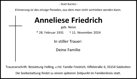 Traueranzeige von Anneliese Friedrich von Neue Westfälische