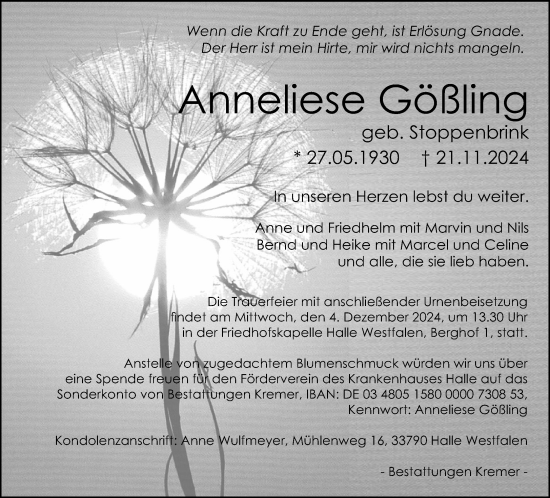 Traueranzeige von Anneliese Gößling von Neue Westfälische
