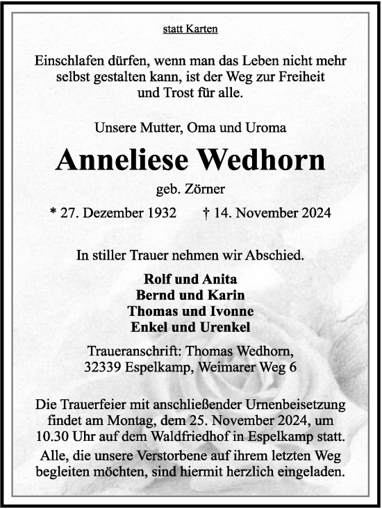 Traueranzeige von Anneliese Wedhorn von Neue Westfälische