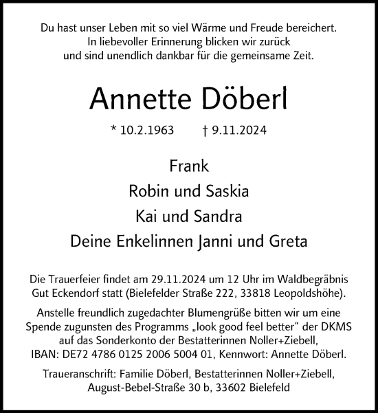 Traueranzeige von Annette Döberl von Neue Westfälische